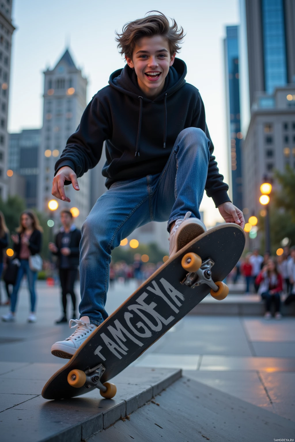 A young person skateboarding in an urban setting.