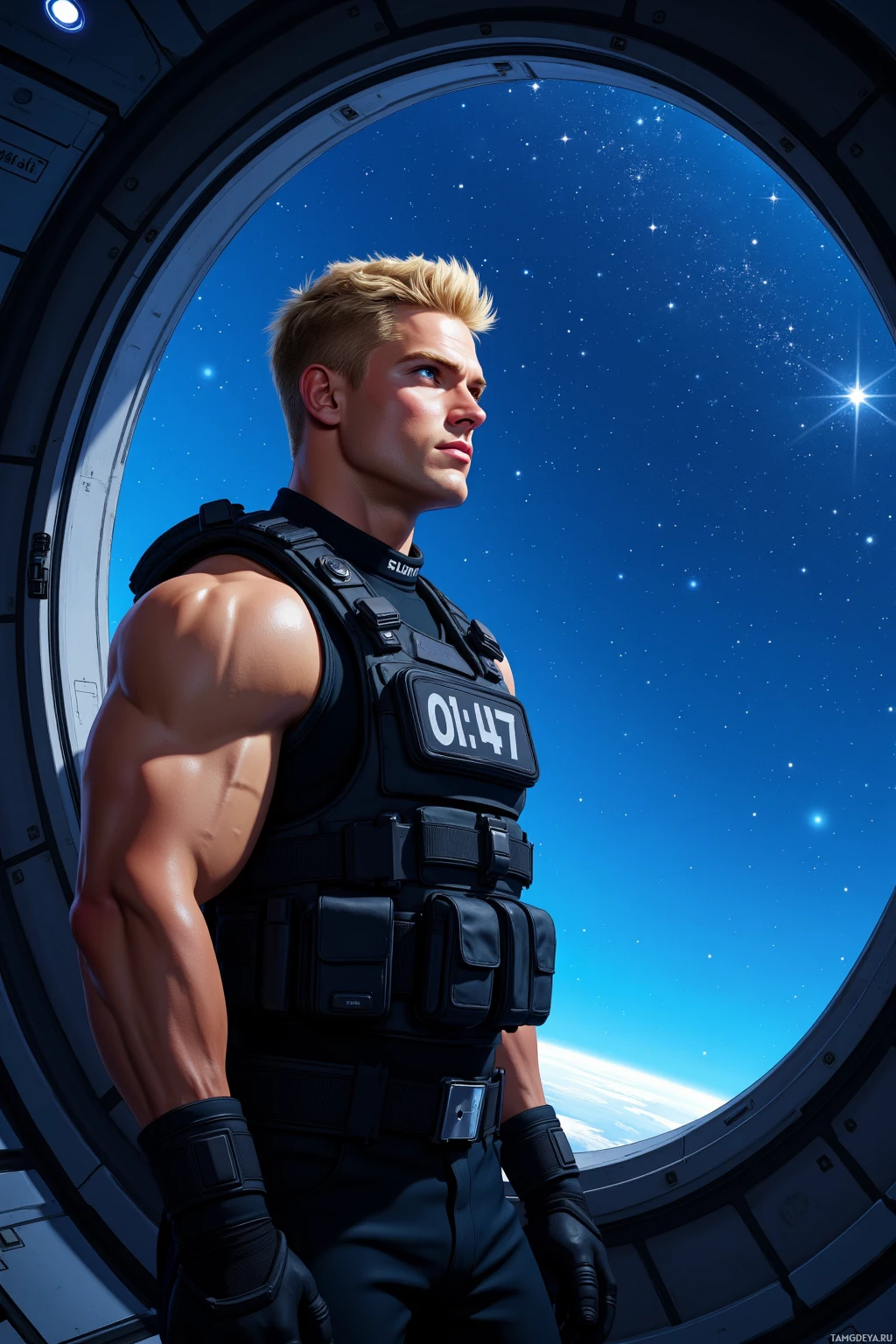 A muscular man in a tactical vest stands inside a spacecraft, gazing out at a starry space scene.