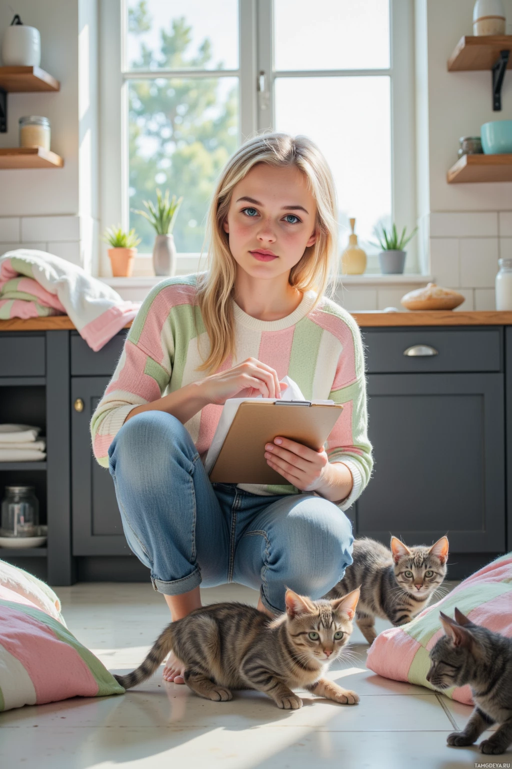 A person sits on the floor with a tablet, surrounded by cats in a cozy kitchen setting.