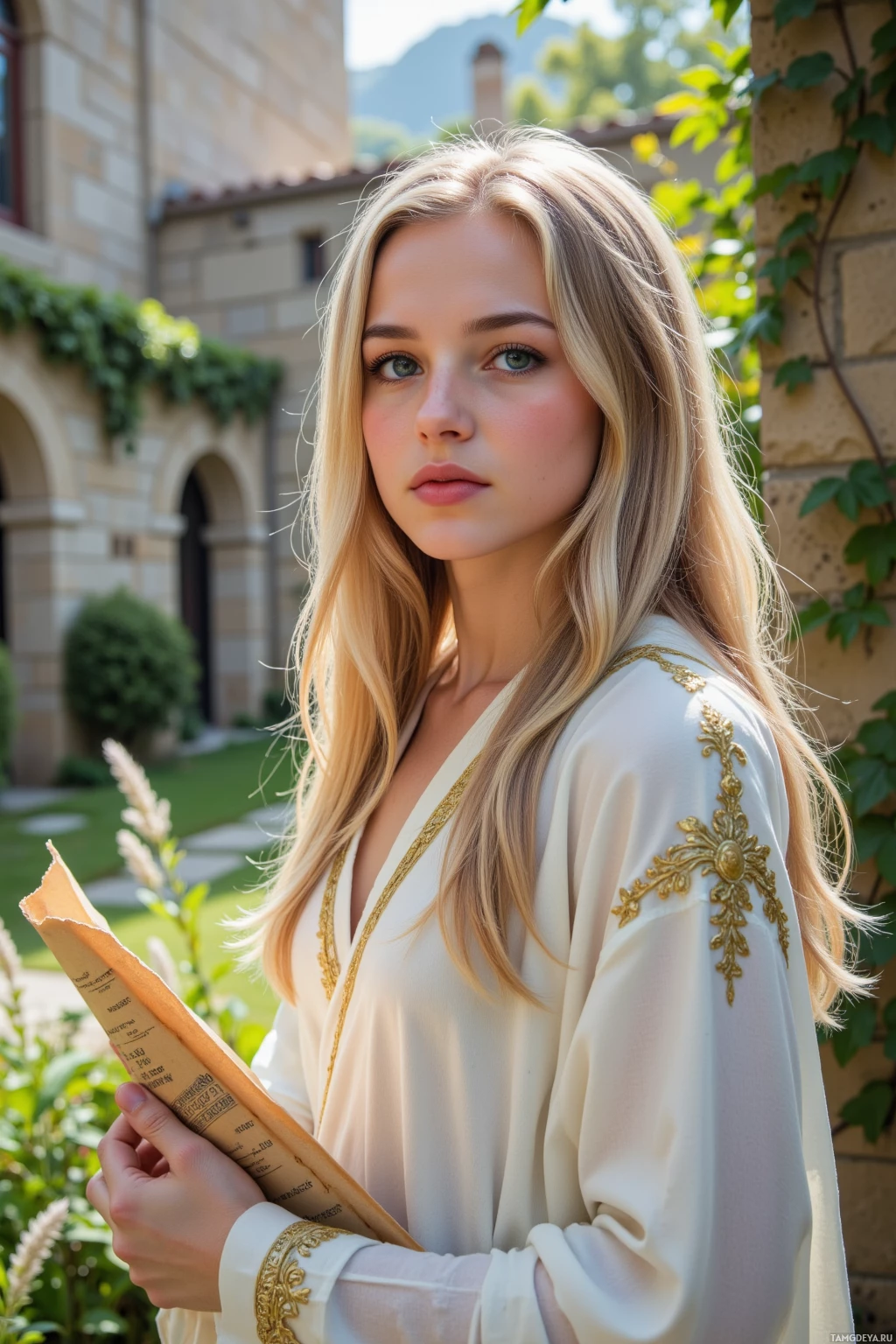 A woman with long blonde hair wearing a white dress with gold embroidery holds a book in front of a stone building with greenery.