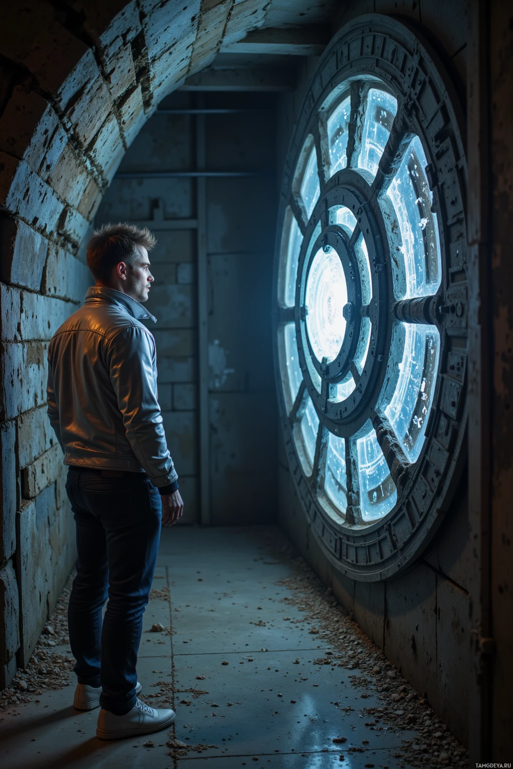 A person stands in a dimly lit, dilapidated room, gazing at a large, circular window.