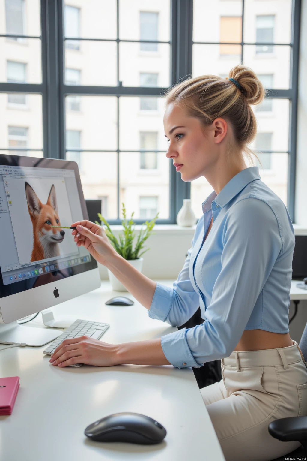 A woman in a light blue shirt works at a desk with a computer, holding a stylus.