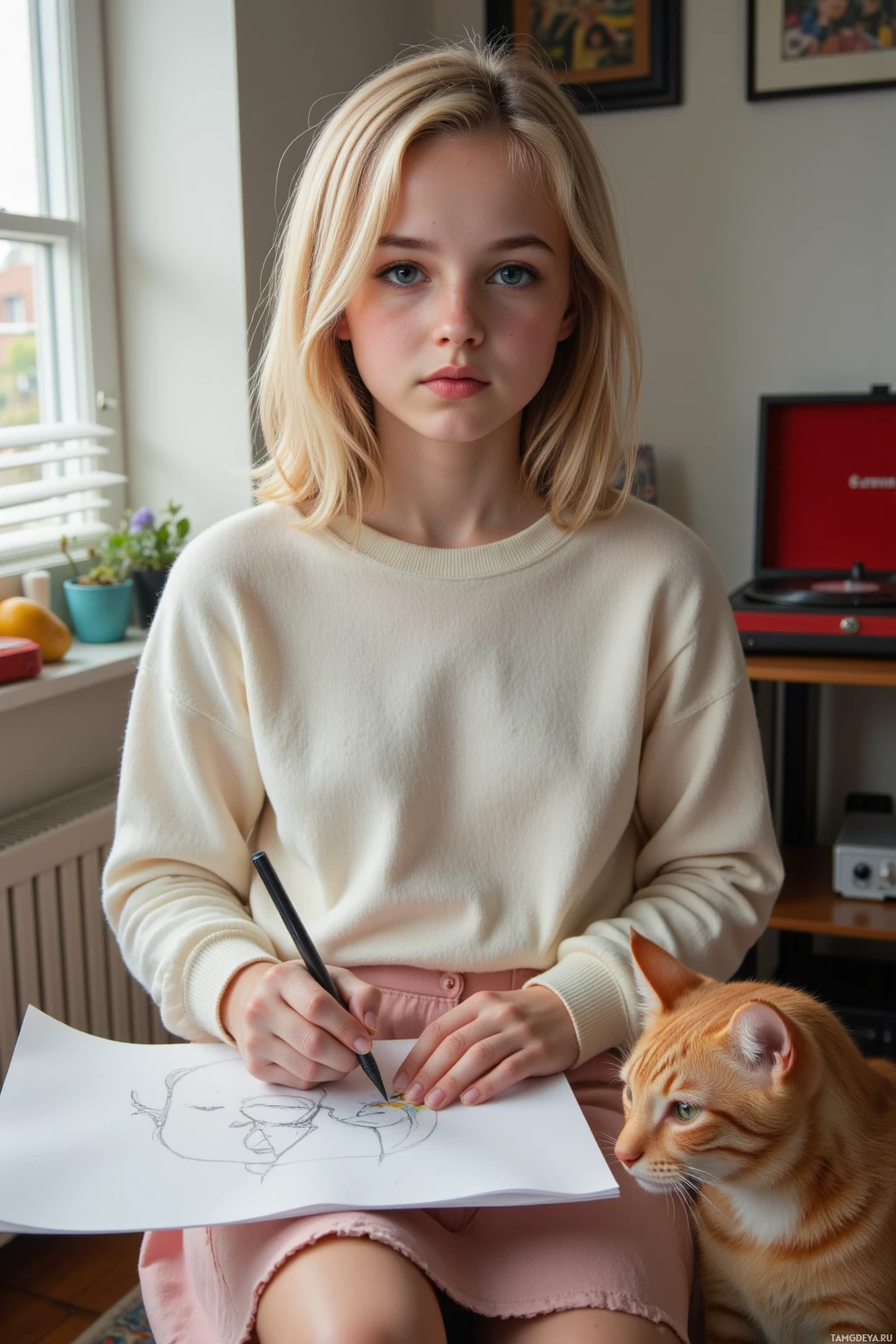 A young person is drawing a sketch while sitting next to a cat.