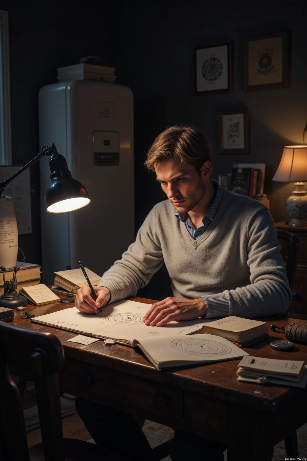 A man is sitting at a desk, drawing or writing in a notebook under a desk lamp.