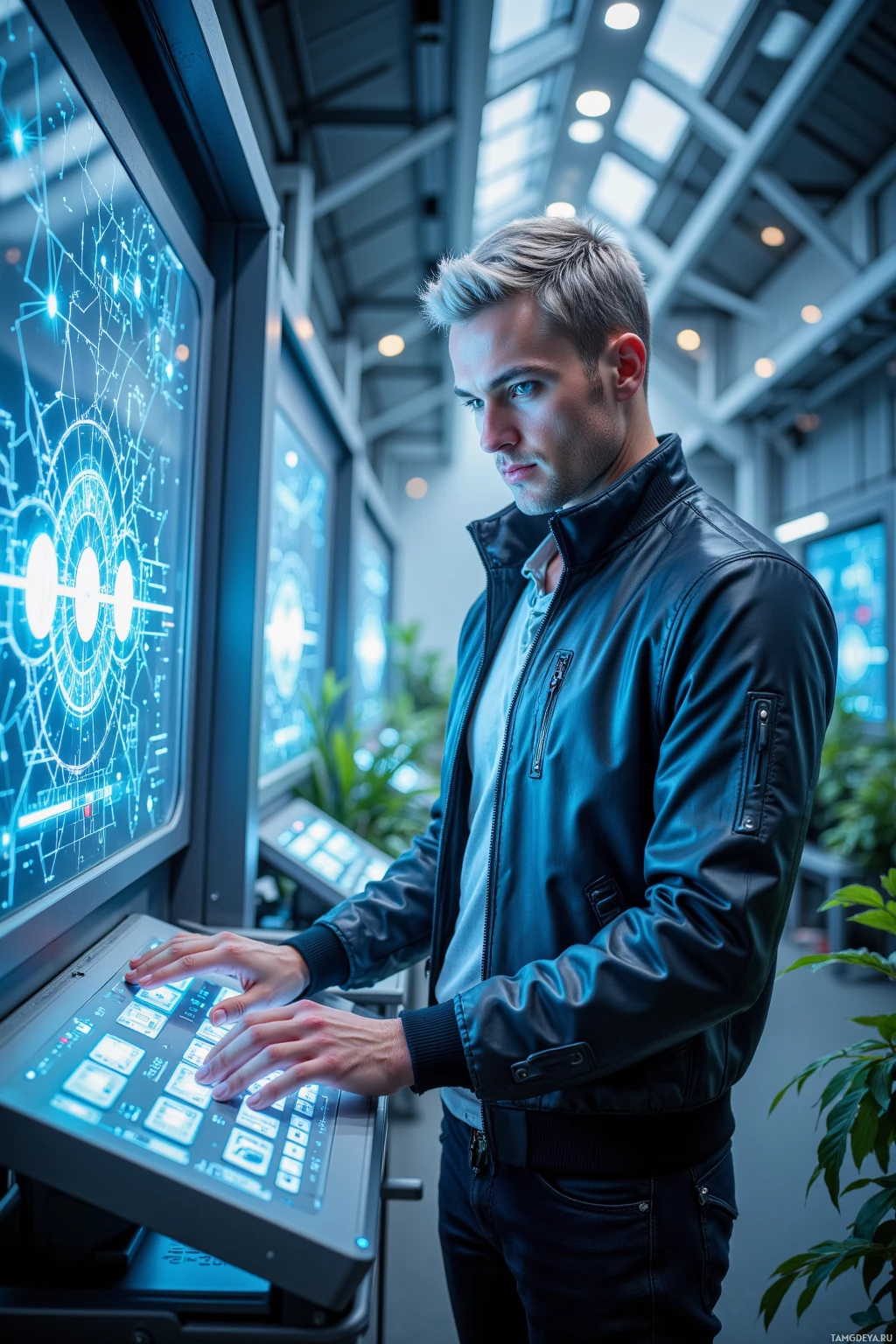A man in a leather jacket interacts with a futuristic control panel in a modern setting.