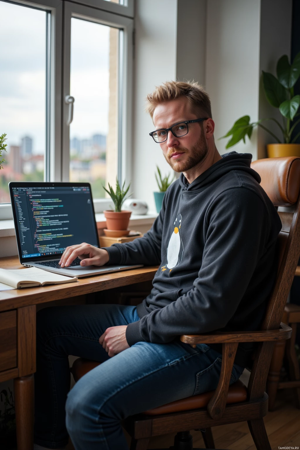 A person wearing a hoodie sits at a desk with a laptop, looking out a window.