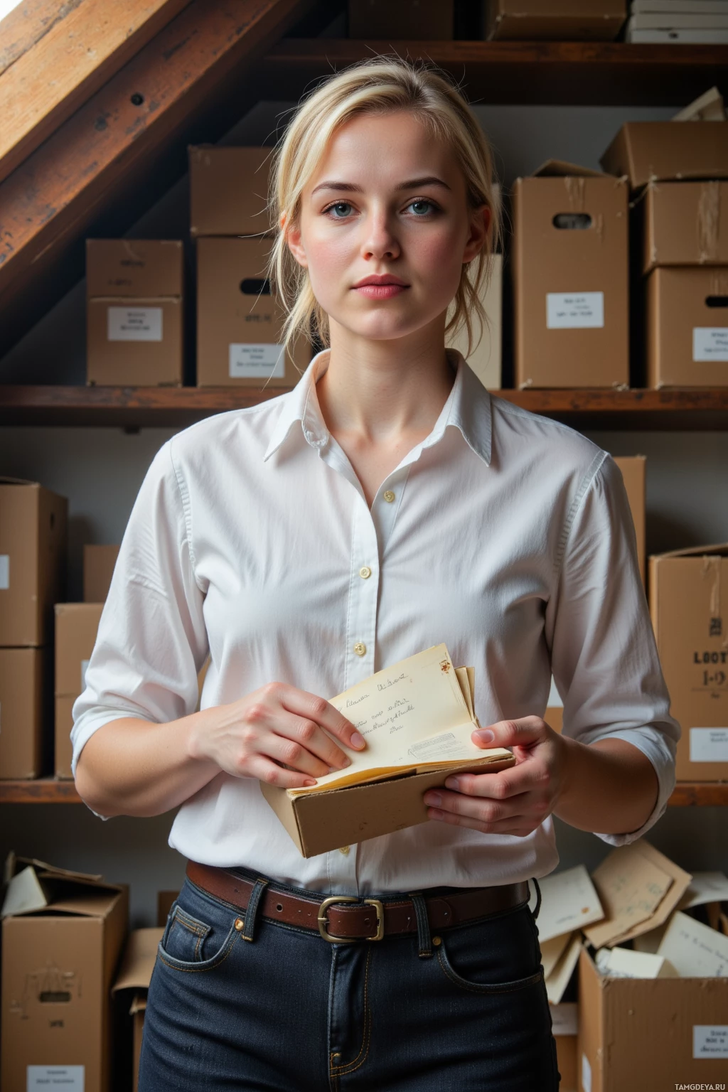 A person in a white shirt and jeans stands in a storage area holding a book.