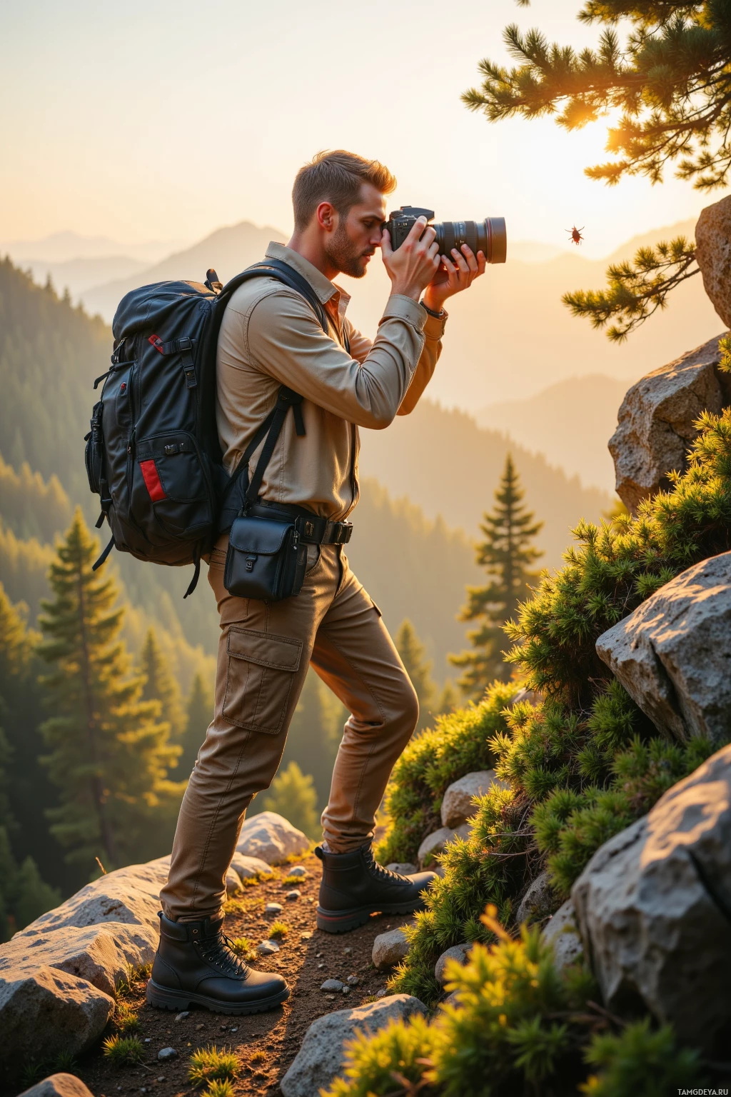 A man takes a photograph on a mountain trail at sunset.