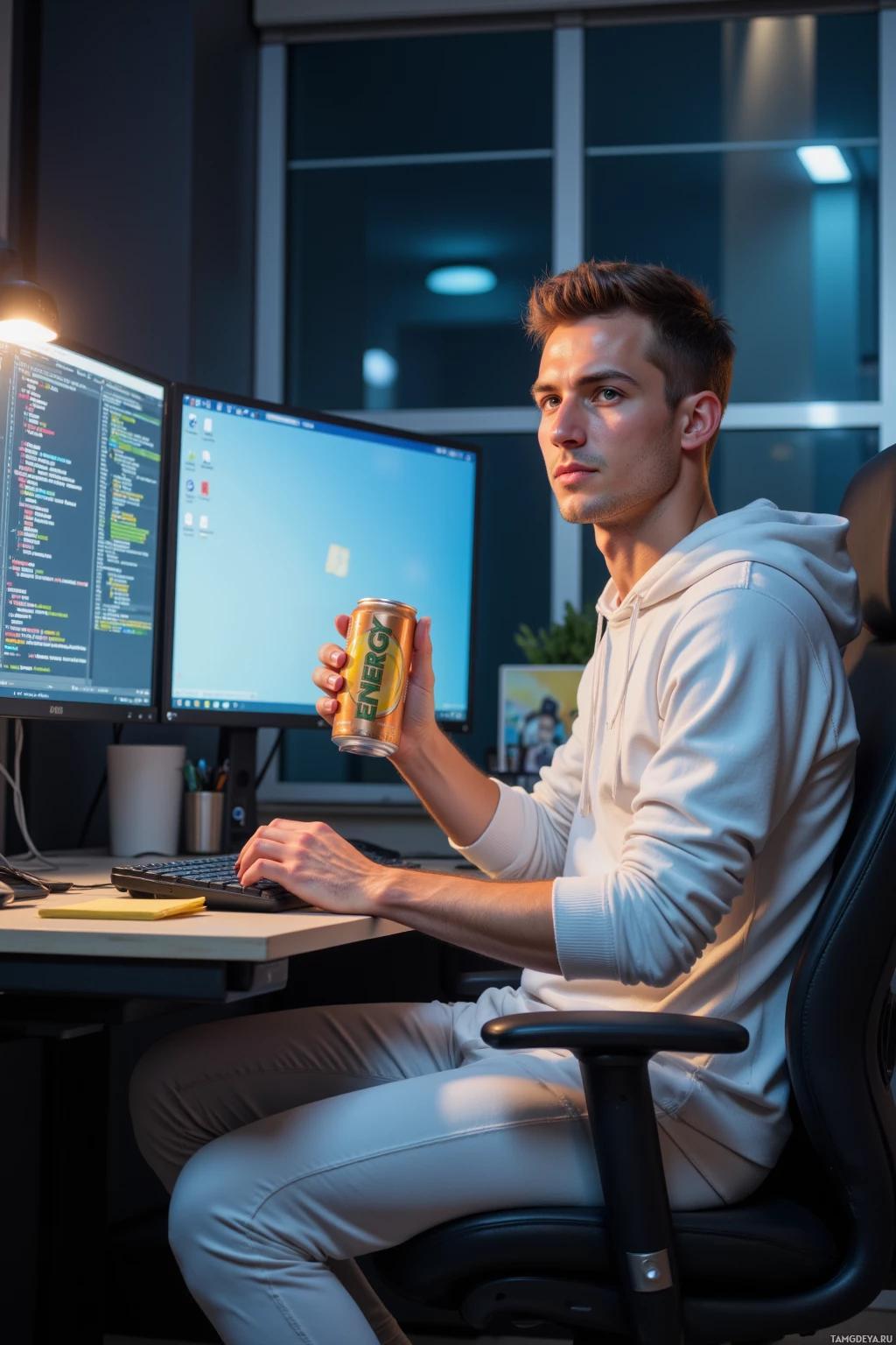 A person sits at a desk with two computer monitors, holding an energy drink can.