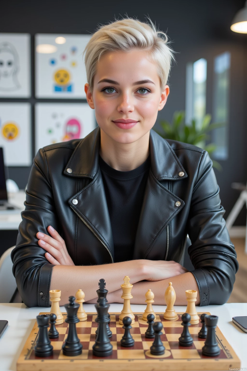 A person in a black leather jacket sits at a chessboard with pieces arranged.