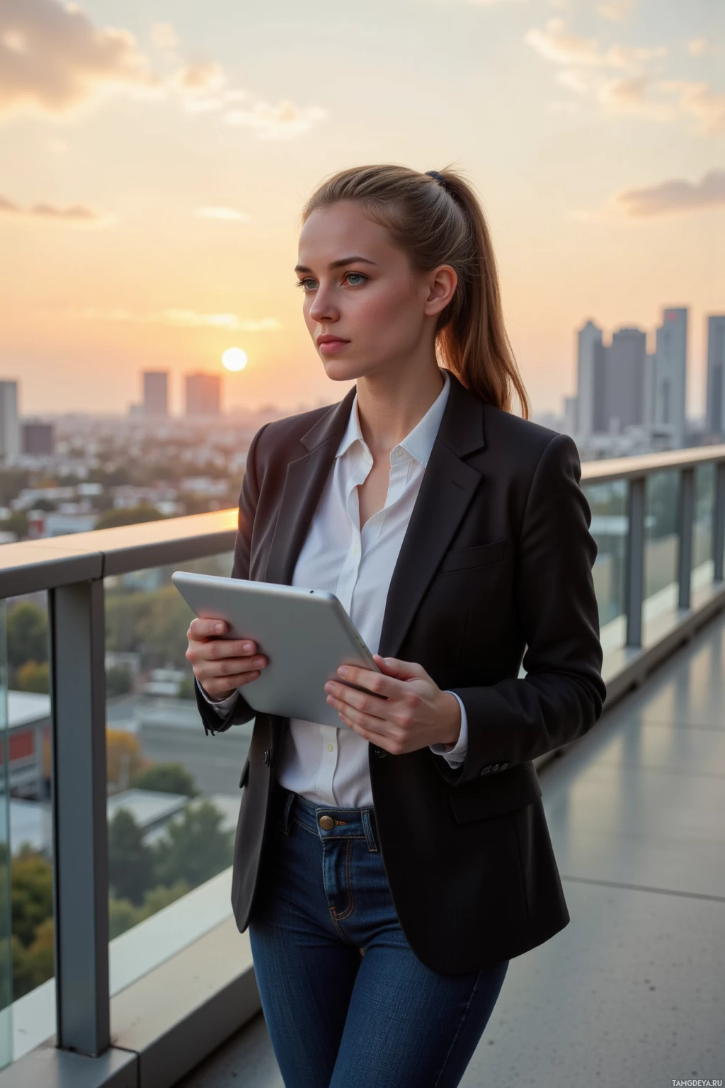 A woman in a business suit holds a tablet, standing on a balcony overlooking a cityscape at sunset.