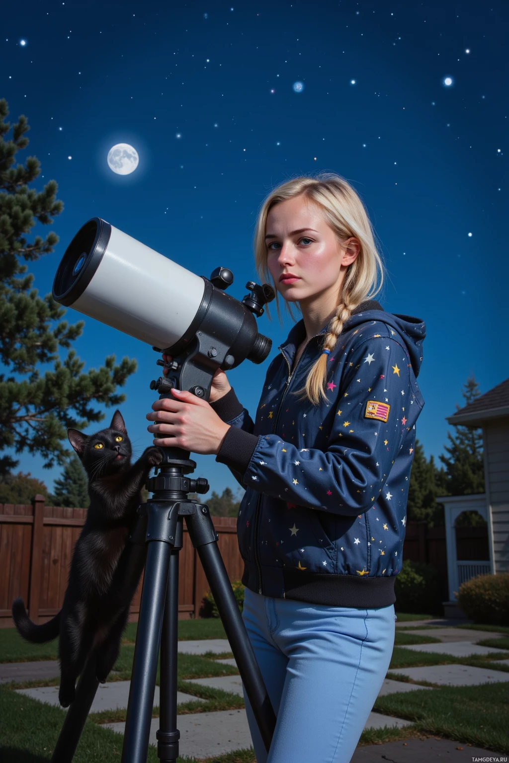 A person stands outdoors at night, holding a telescope, with a black cat perched on the tripod.