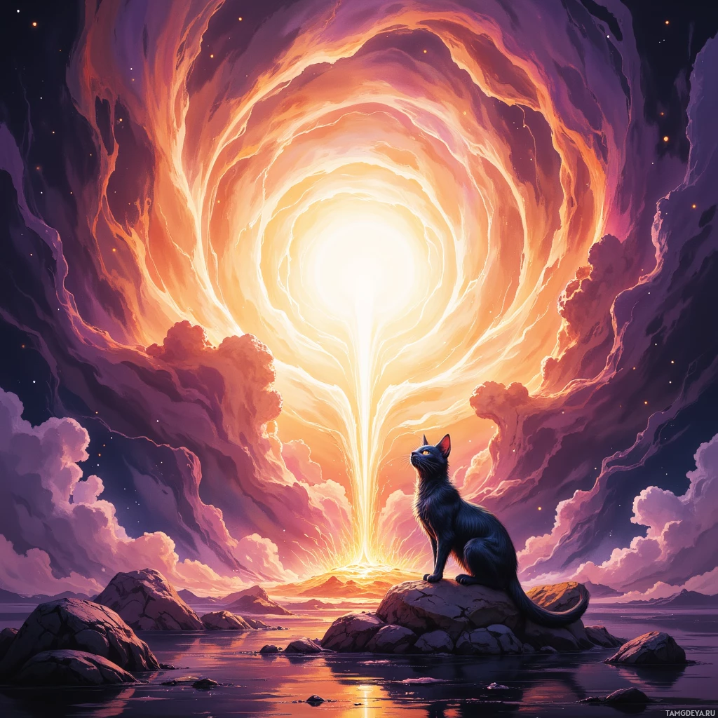 A cat sits on a rock, gazing at a glowing, ethereal portal in the sky.