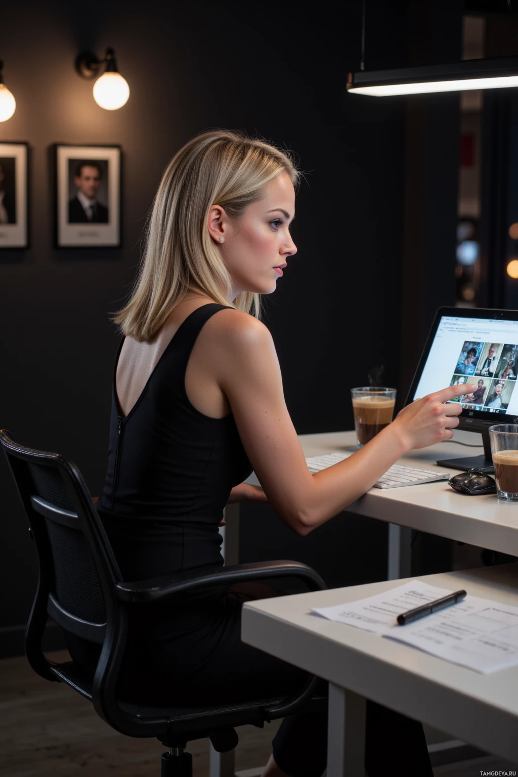 A woman is seated at a desk, working on a laptop in a dimly lit room.