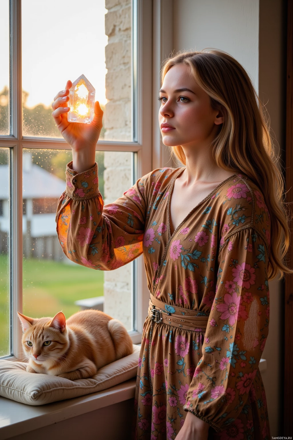 A woman in a floral dress holds a glowing crystal near a window with a cat resting on the windowsill.