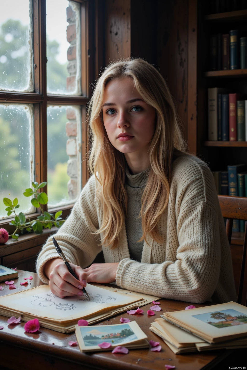 A young woman with long blonde hair sits at a desk, sketching in a notebook with a pencil.