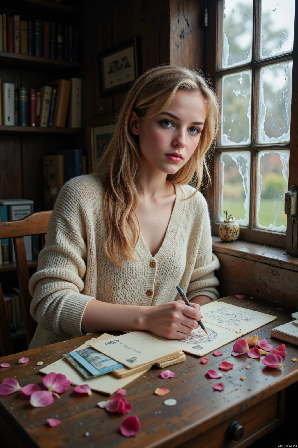 A young woman sits at a desk by a window, writing in a notebook.
