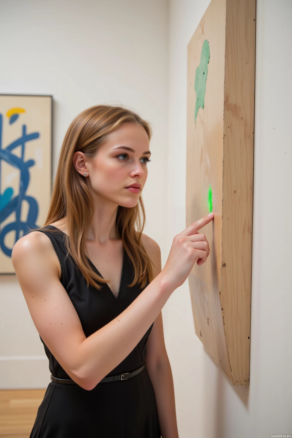A woman in a black dress points at a green shape on a wooden board in an art gallery.