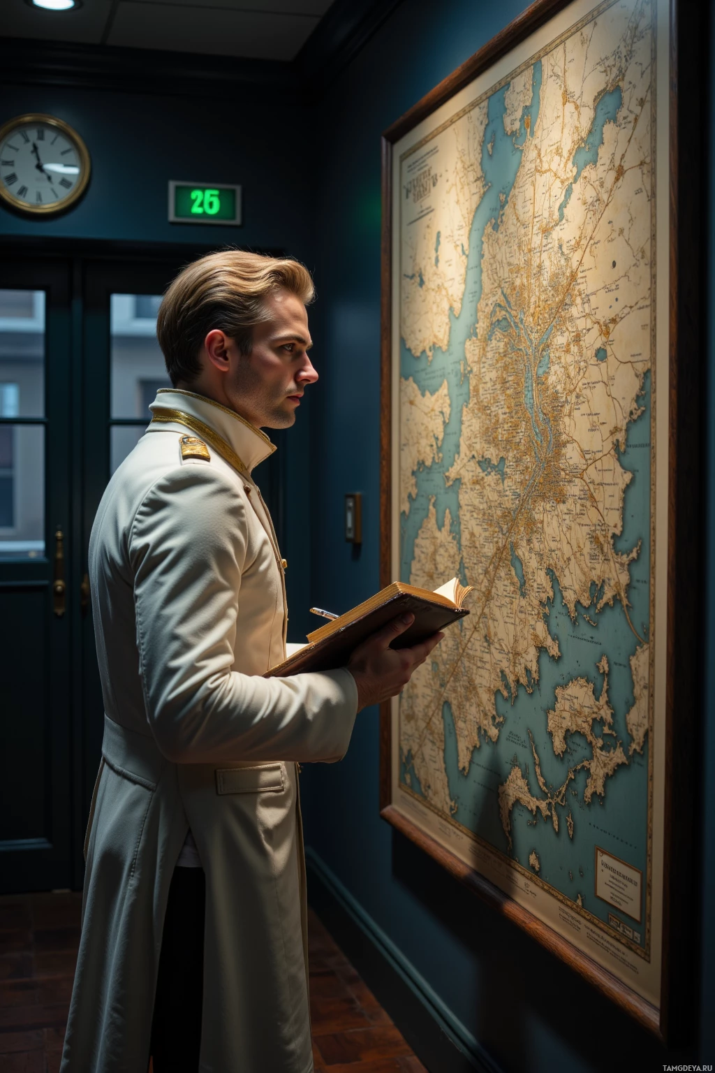 A man in a formal uniform stands in a hallway, examining a large map while holding a notebook.