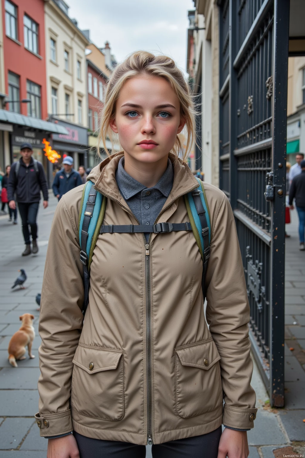 A person wearing a beige jacket and carrying a backpack stands on a street with buildings and pedestrians in the background.