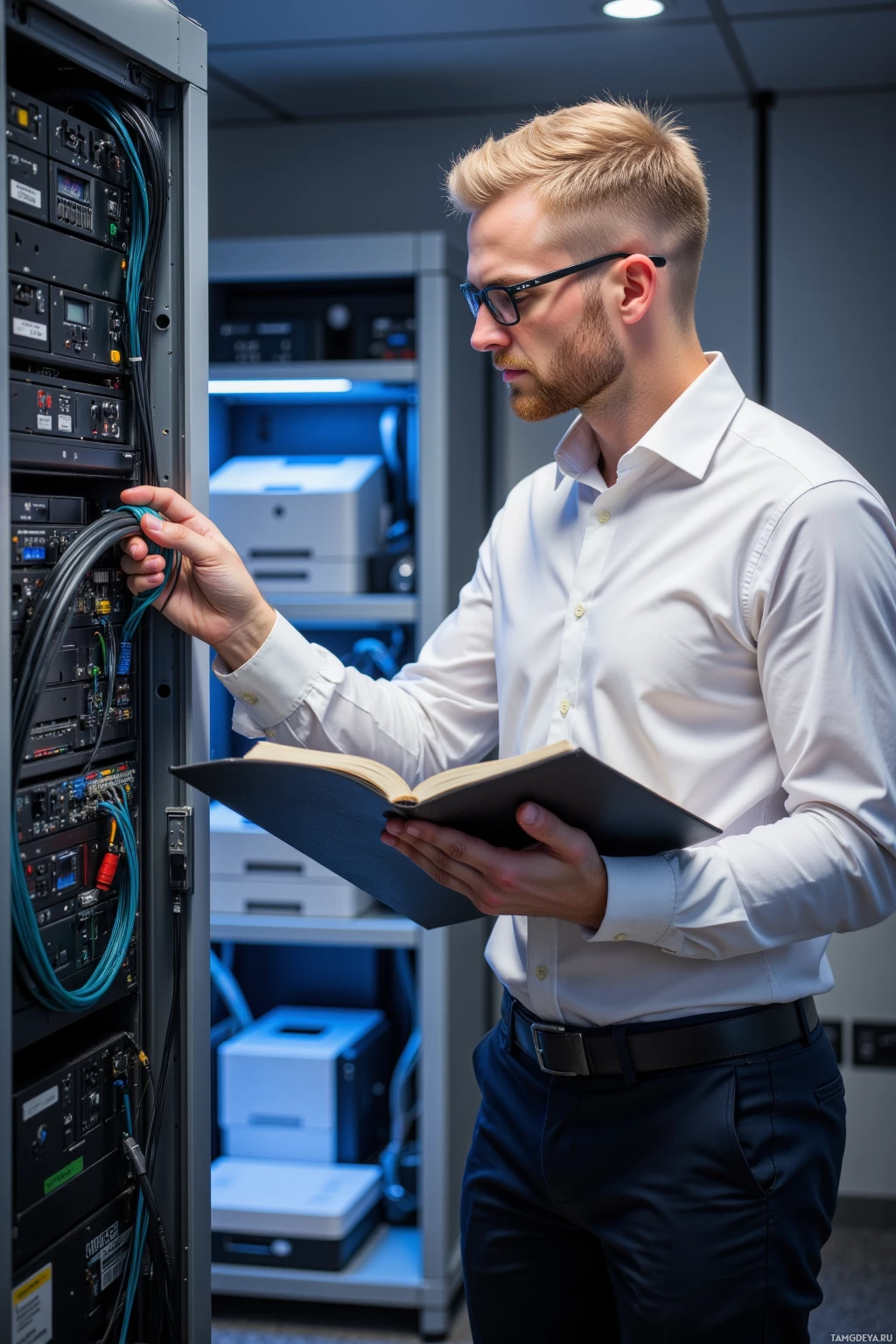 A man in a white shirt and glasses is examining a server rack while holding a book.