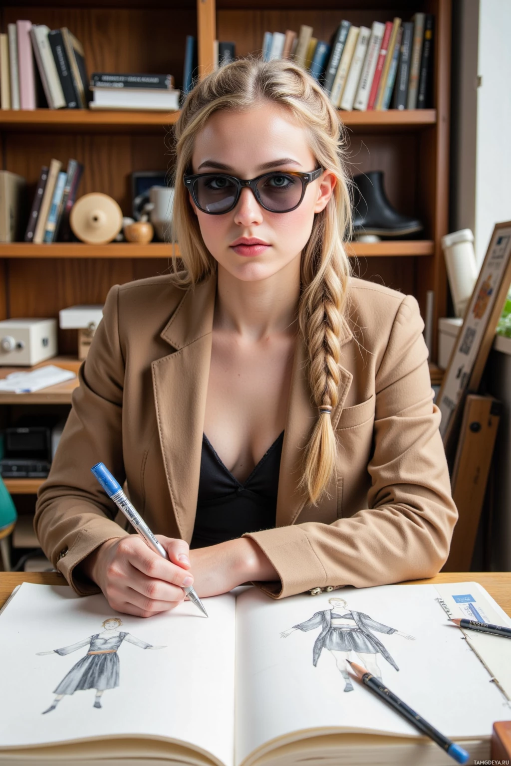 A person wearing a blazer and sunglasses is sketching fashion designs in a notebook.