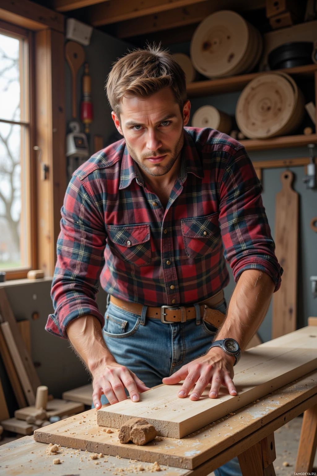 A man in a plaid shirt works with wood in a workshop.