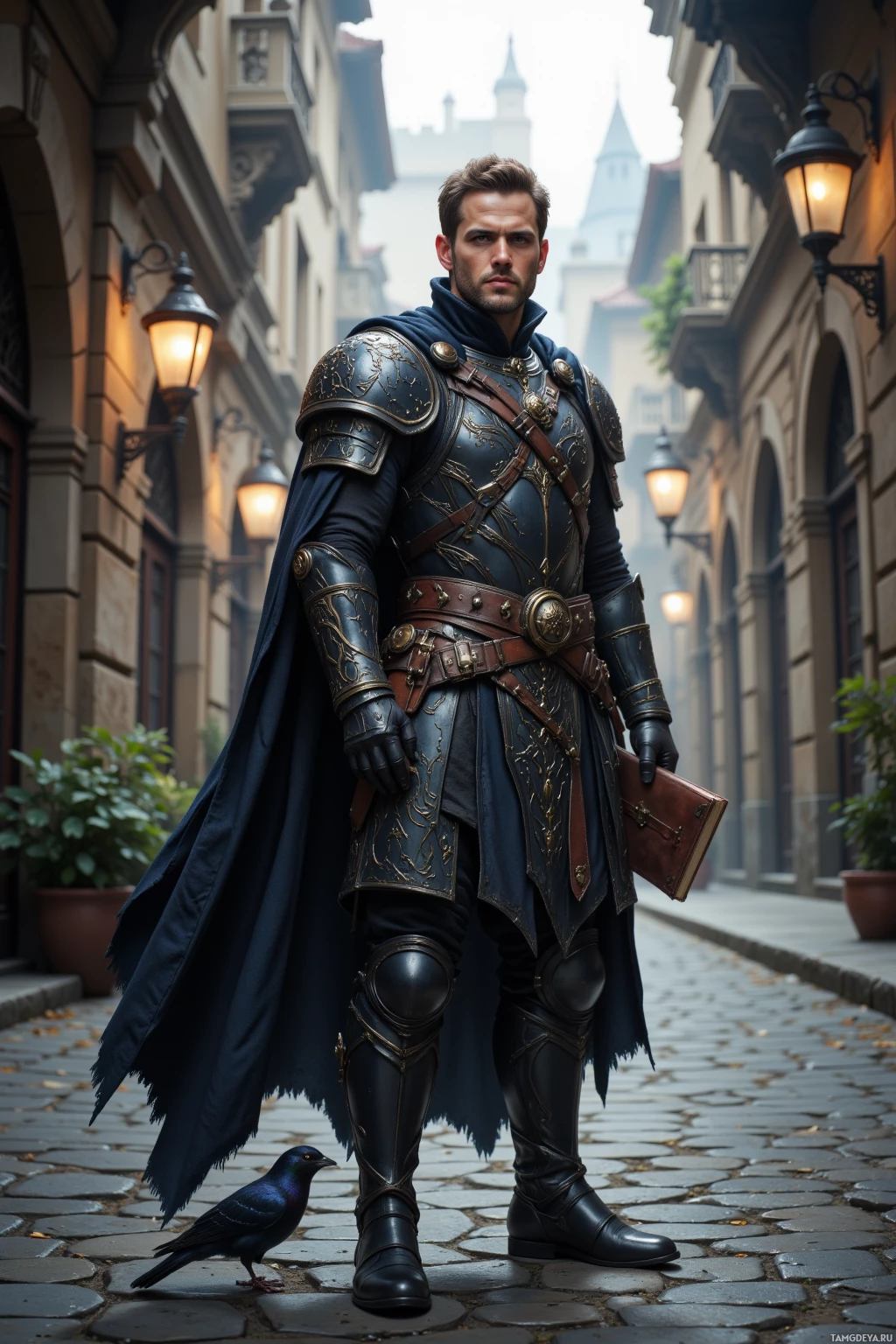 A knight in ornate armor stands on a cobblestone street, holding a book, with a crow nearby.