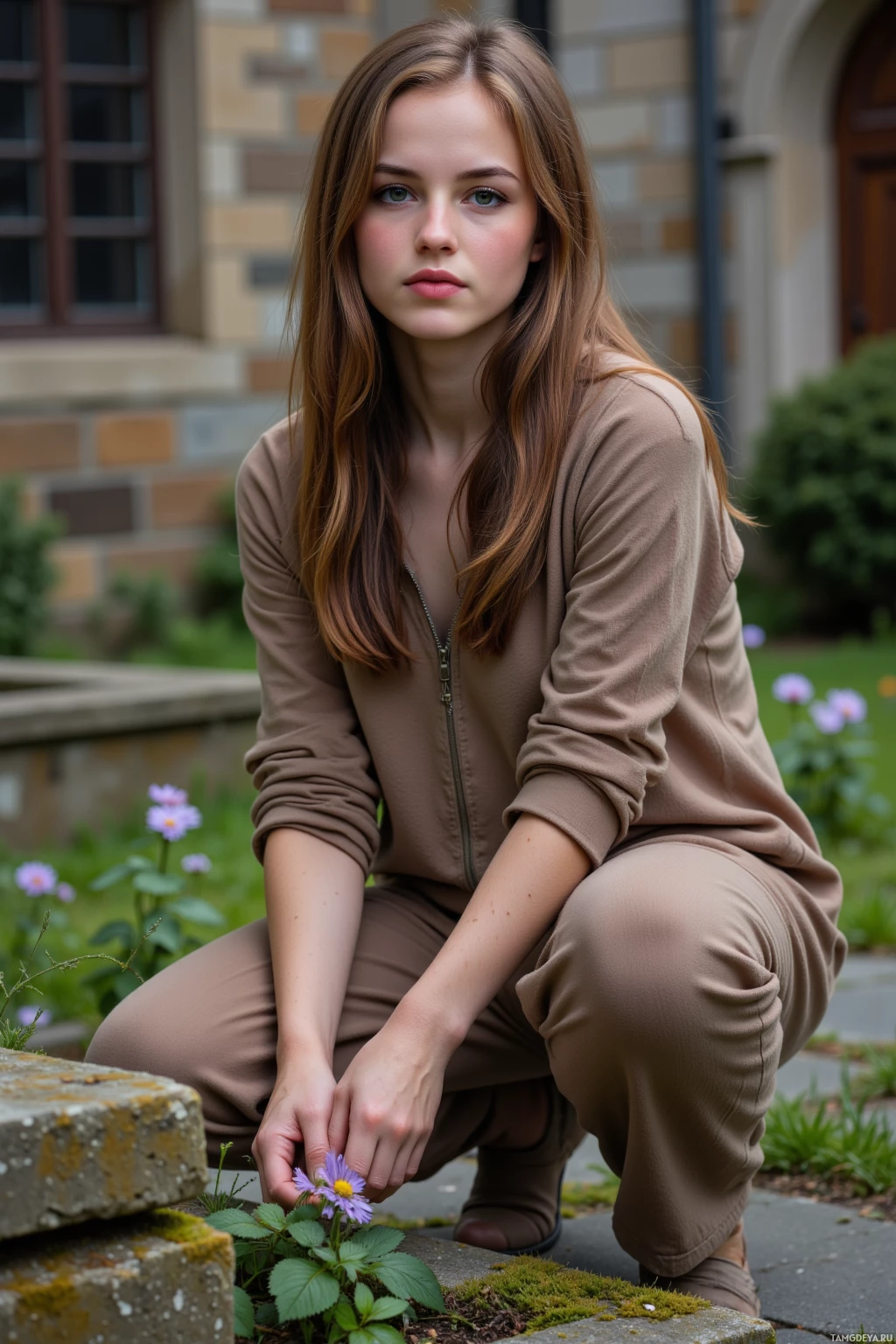 A person in a brown outfit crouches near a flower, set against a garden backdrop.