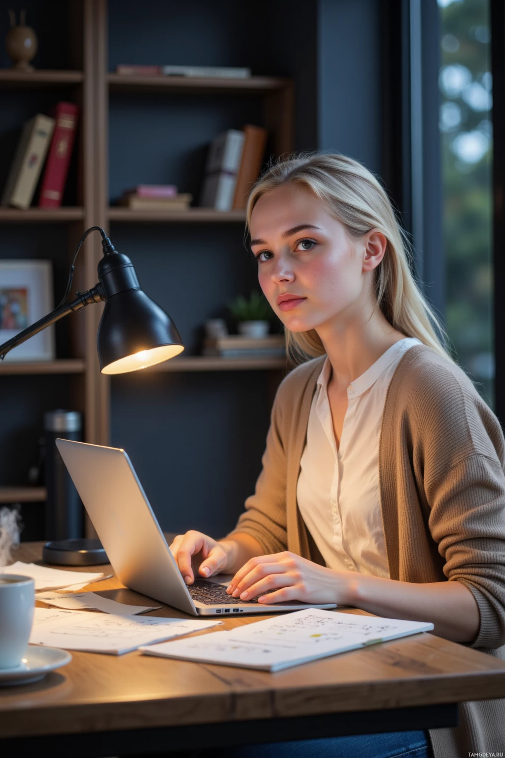 A woman is working at a desk with a laptop, surrounded by books and a lamp.