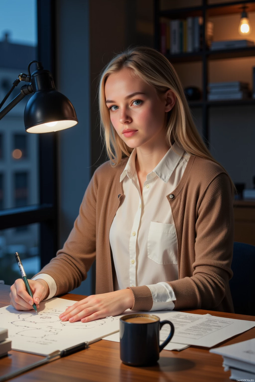 A woman is sitting at a desk, writing on a piece of paper with a pen.