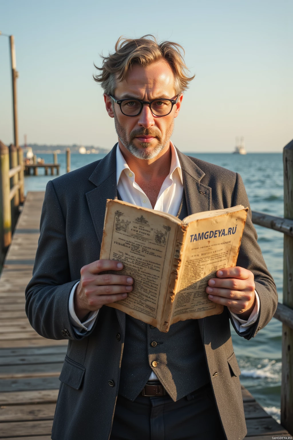 A man in a suit stands on a pier, holding an old book.