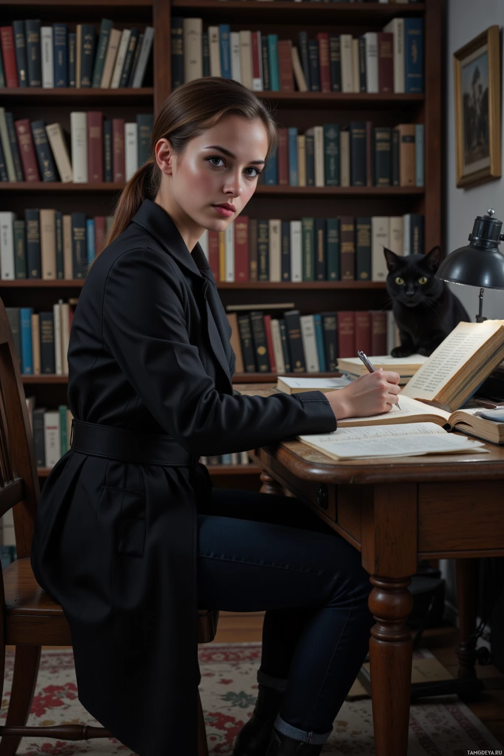 A woman in a black outfit sits at a desk in a library, writing in a notebook.