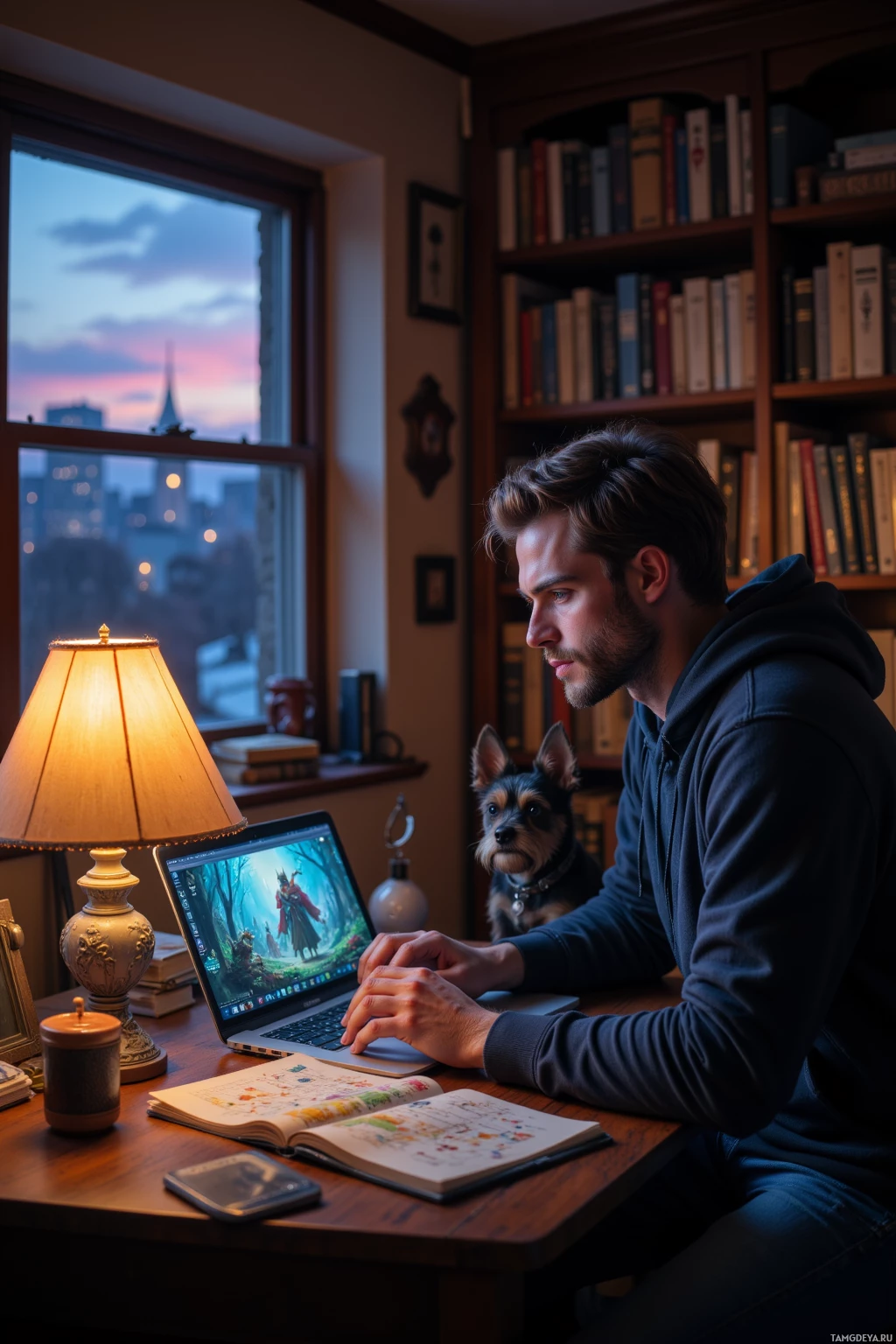 A man sits at a desk with a laptop, a dog sits beside him, and a window shows a cityscape at dusk.