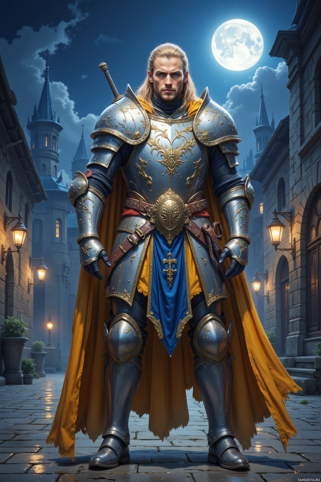 A knight in ornate armor stands in a moonlit courtyard.