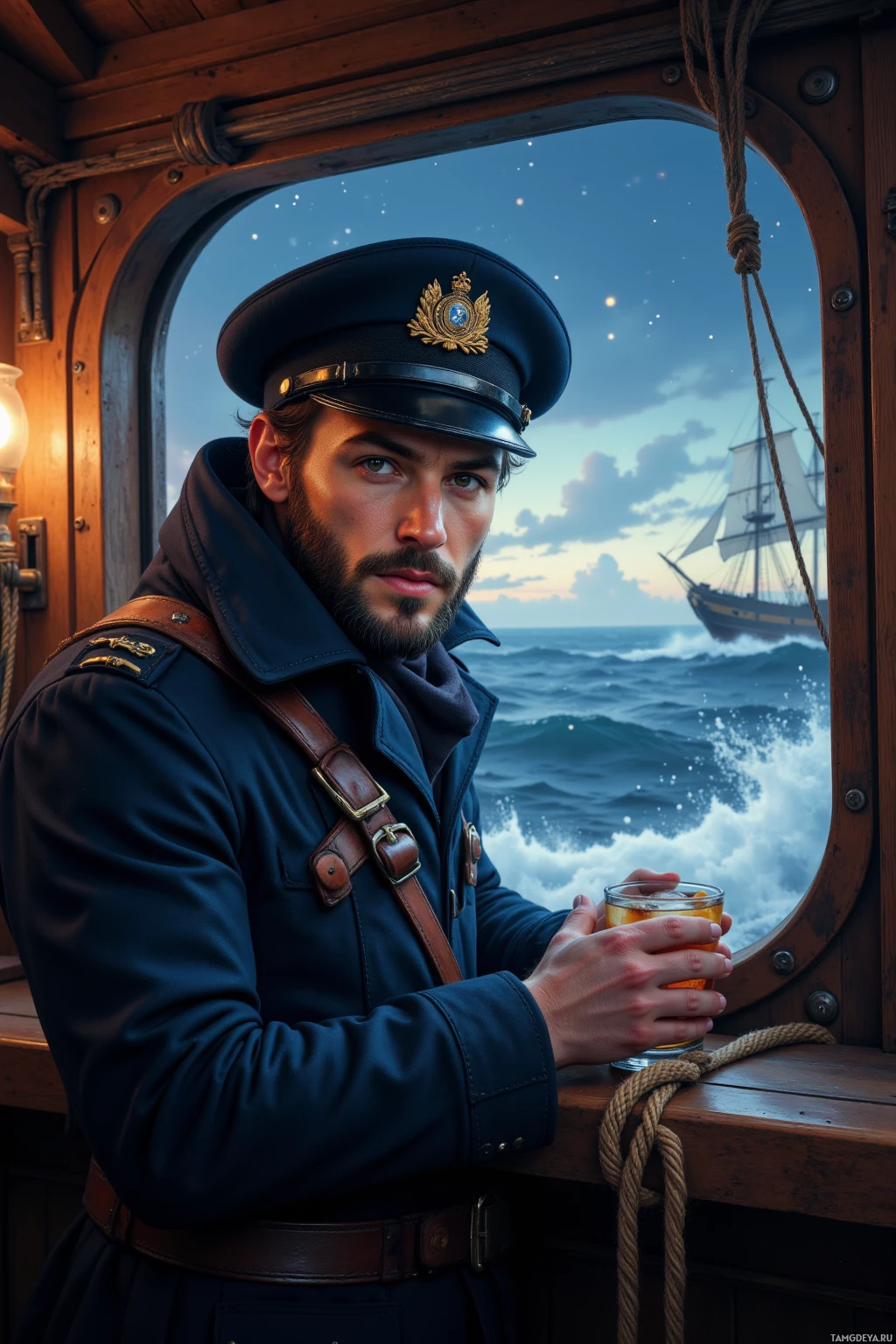 A naval officer in uniform stands at a ship's railing, holding a drink, with a sailing ship and a starry sky in the background.