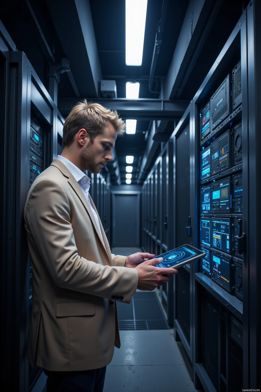 A man in a suit uses a tablet in a server room.