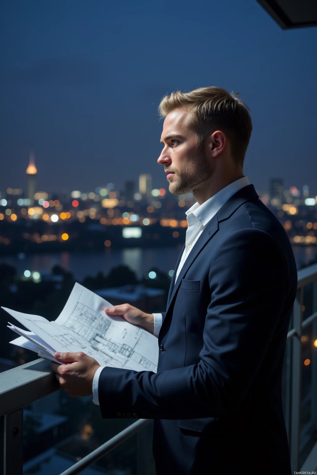 A man in a suit stands on a balcony at night, holding papers and looking out over a cityscape.