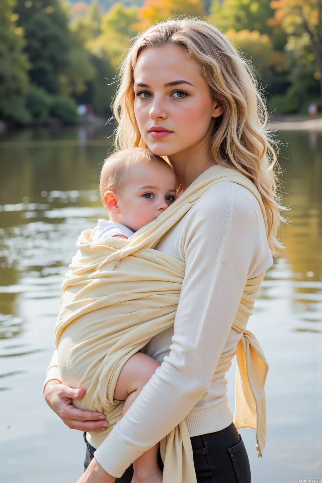 A woman carries a baby in a wrap carrier near a body of water.