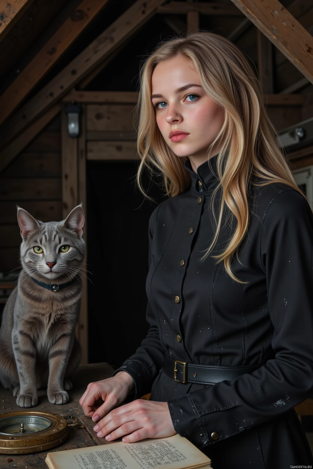 A woman in a black shirt stands beside a cat, with a book and compass on a wooden table.