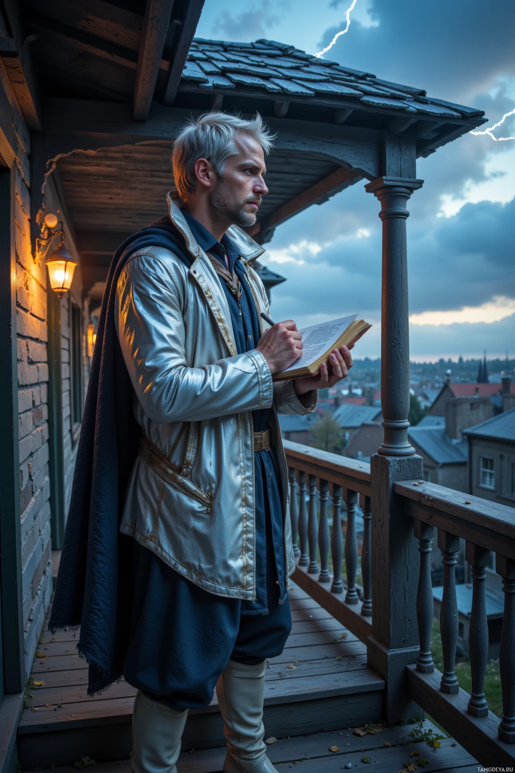 A man in historical attire stands on a balcony, writing in a book under a cloudy sky.