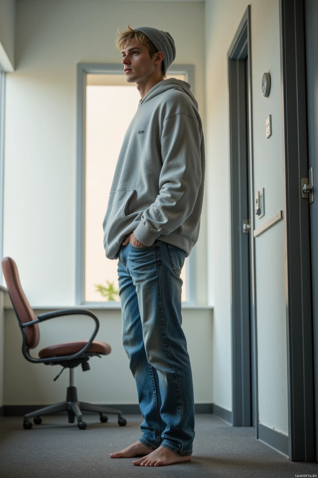 A person stands in a hallway, wearing a hoodie and jeans, with hands in pockets.