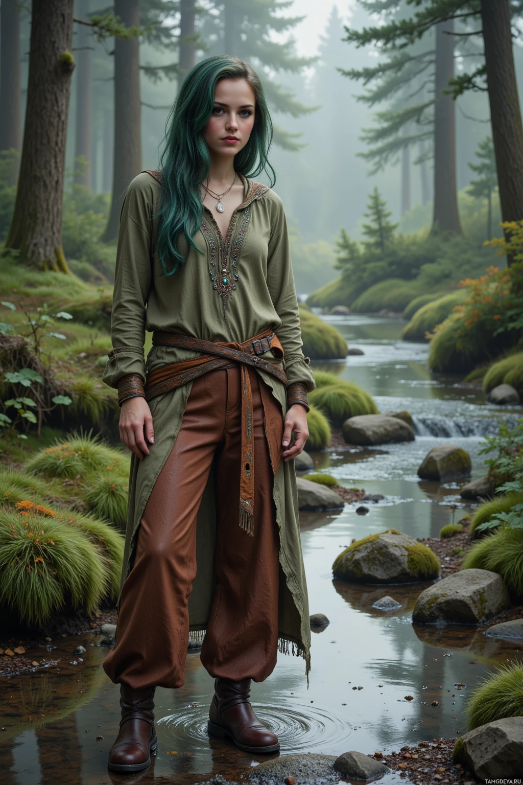 A woman stands in a serene forest by a stream, wearing a green tunic and brown pants.