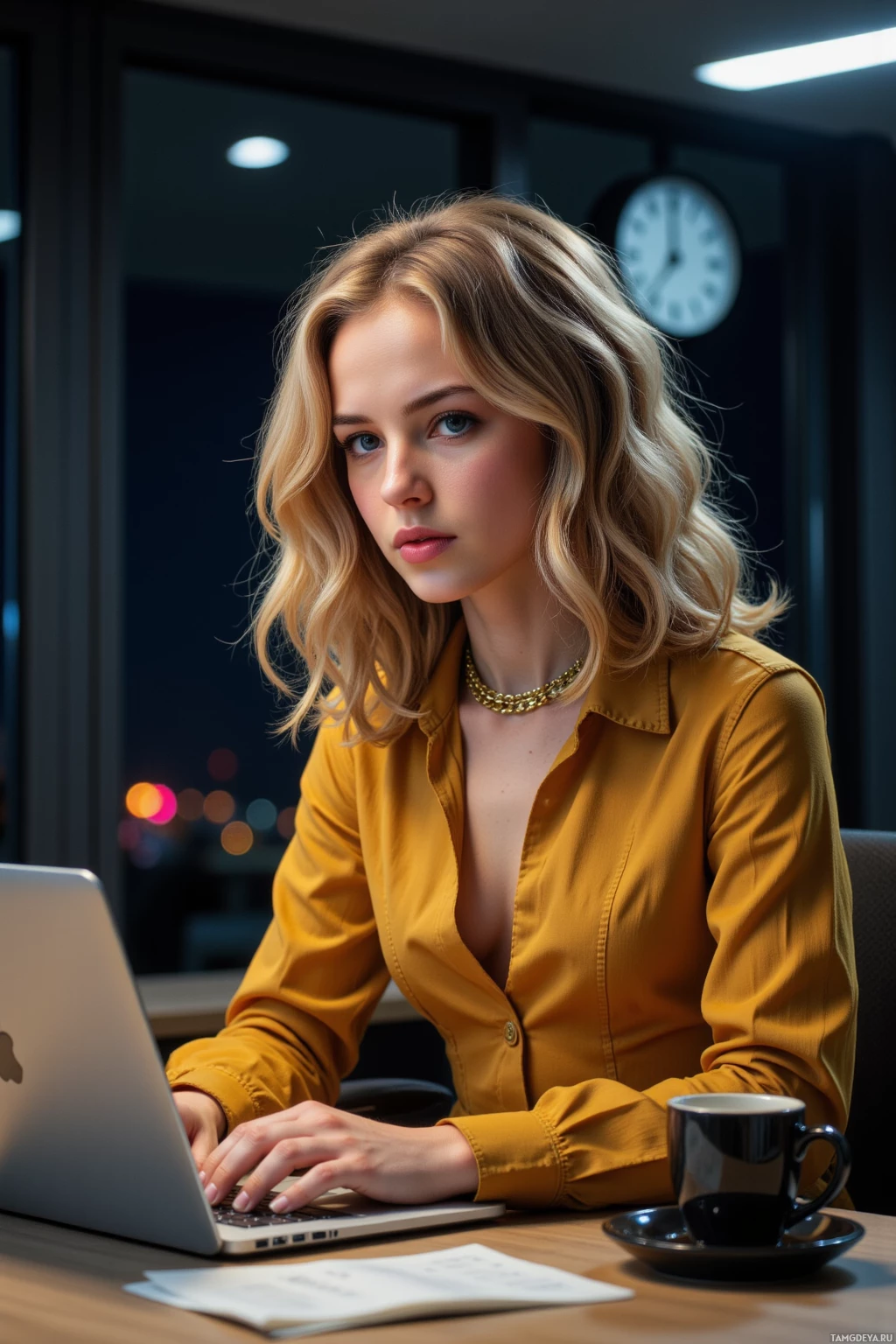 A woman in a yellow shirt works at a desk with a laptop and a cup of coffee.