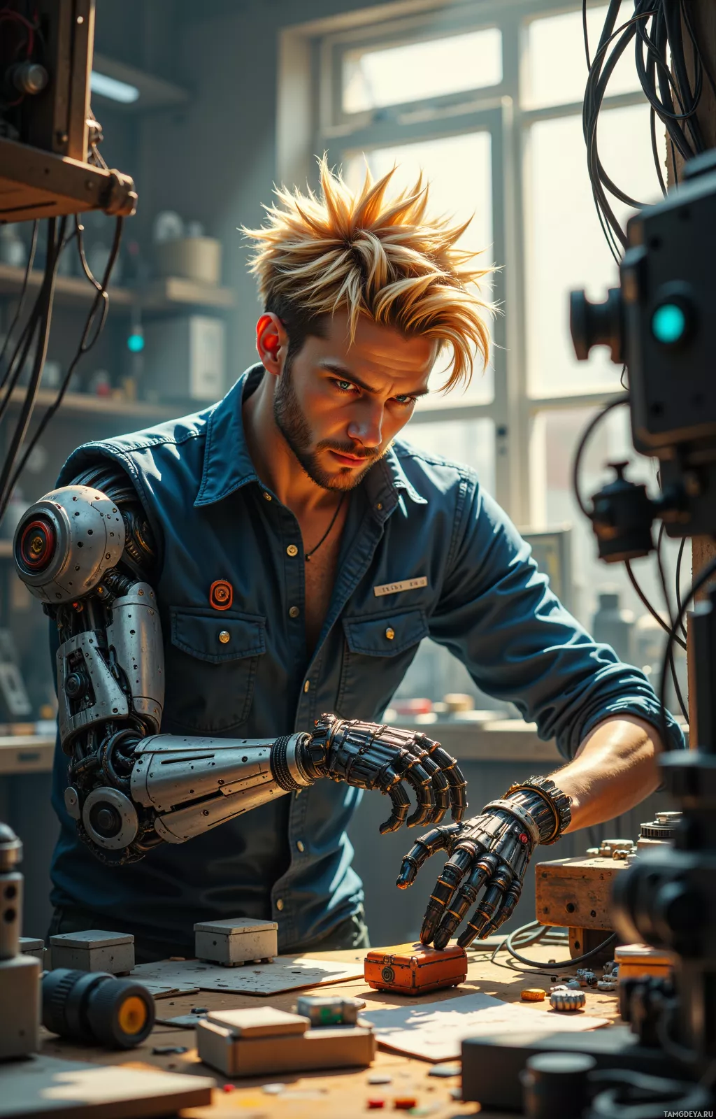 A man with spiky blonde hair and a robotic arm is working on a small object in a workshop.