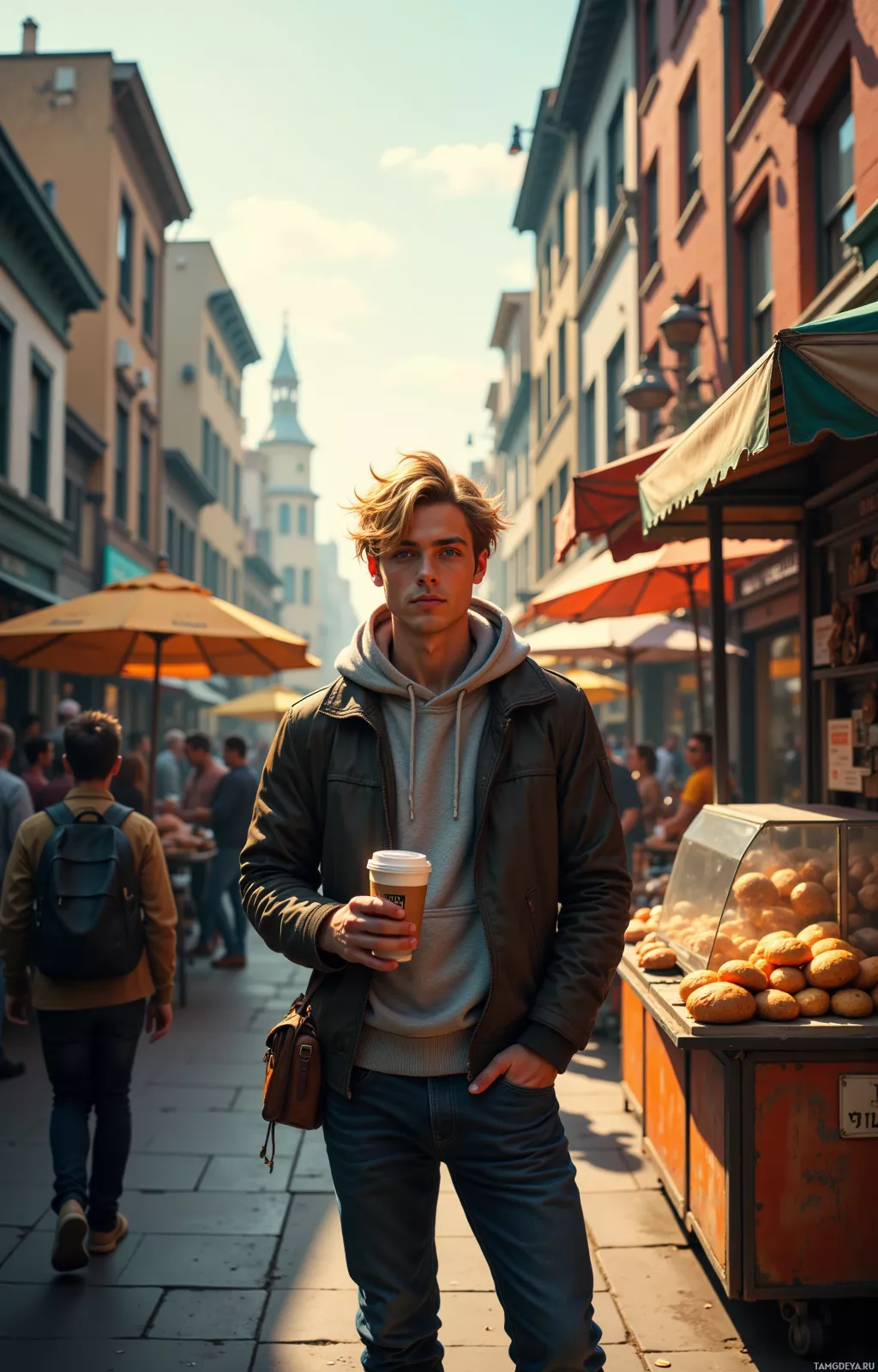 A young man stands on a bustling street holding a coffee cup, surrounded by market stalls and pedestrians.
