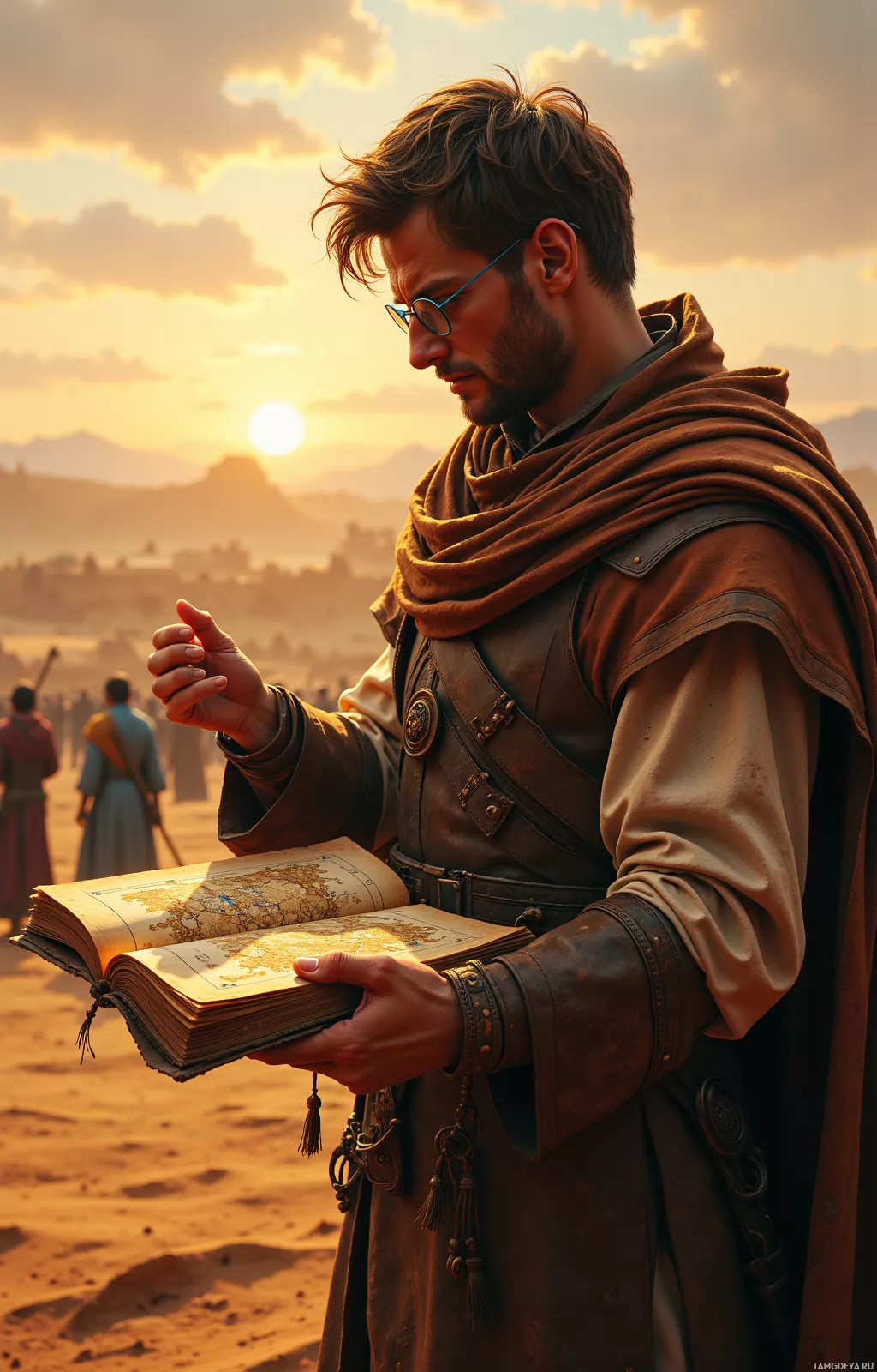 A man in a brown robe and leather vest holds an open book, set against a desert landscape at sunset.