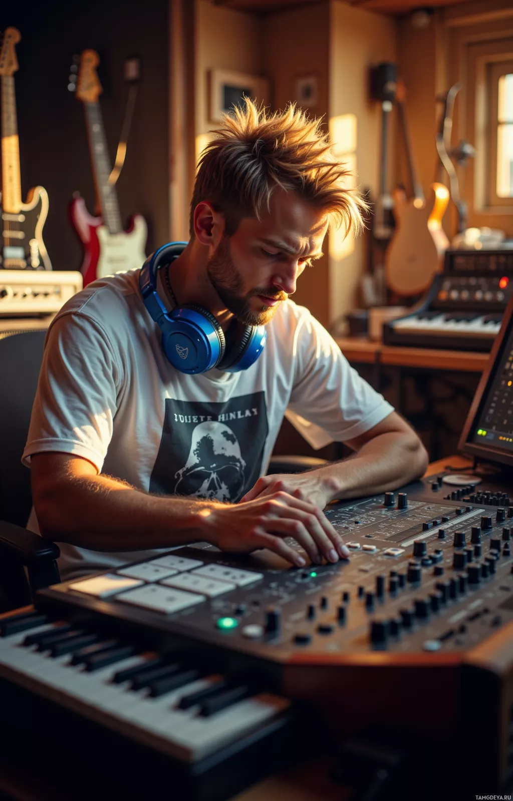 A person wearing headphones is working at a music production console in a studio.