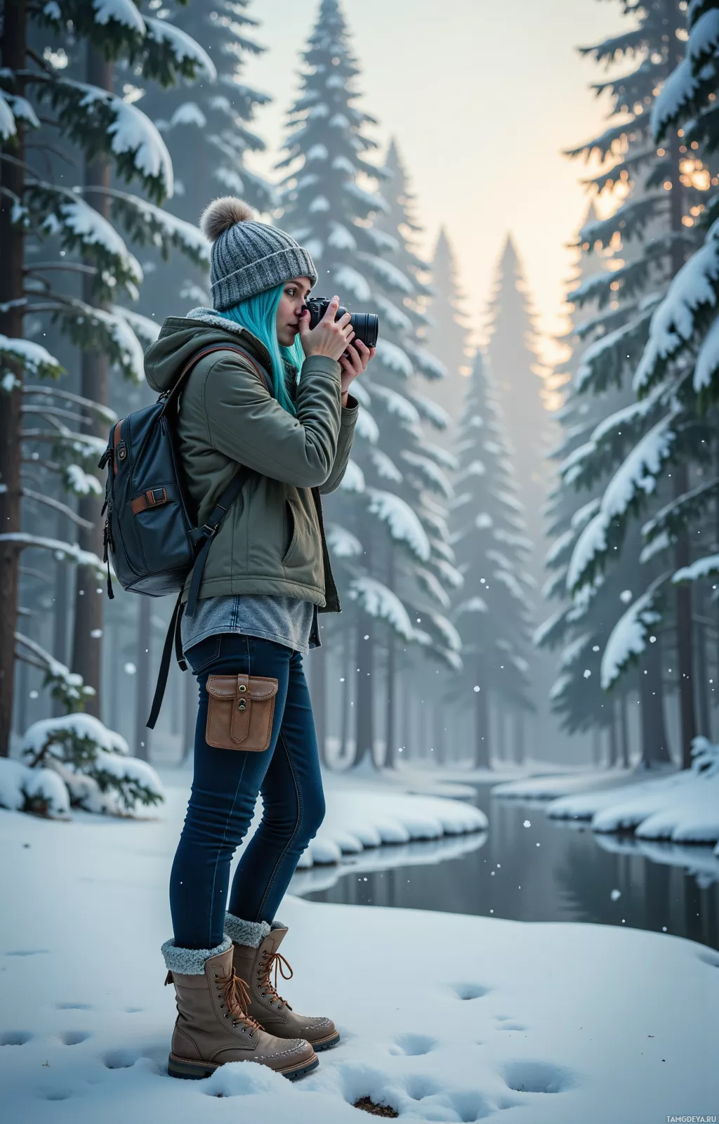 A person stands in a snowy forest, holding a camera and wearing winter clothing.