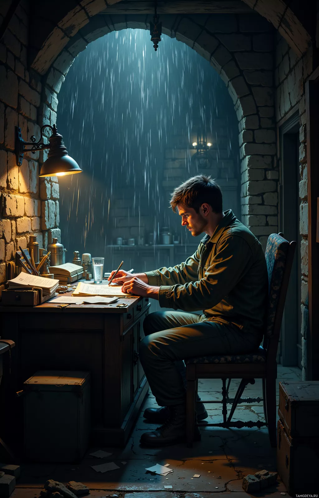 A man sits at a desk in a dimly lit, stone-walled room, writing with a pen.